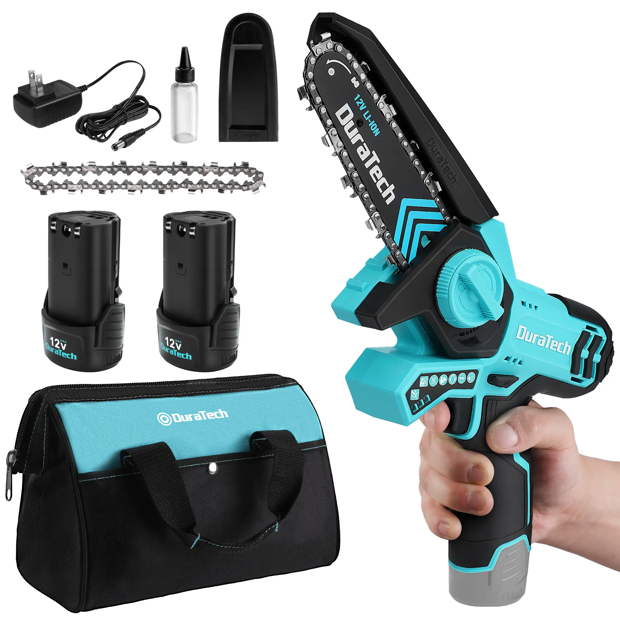 #backtoschool DURATECH 12V Mini Chainsaw, 6 Inch Electric Cordless Chainsaw with 2 Batteries & 2 Chains, One-Hand Operated Portable Wood Saw for Garden Tree Branch Pruning, Wood Cutting