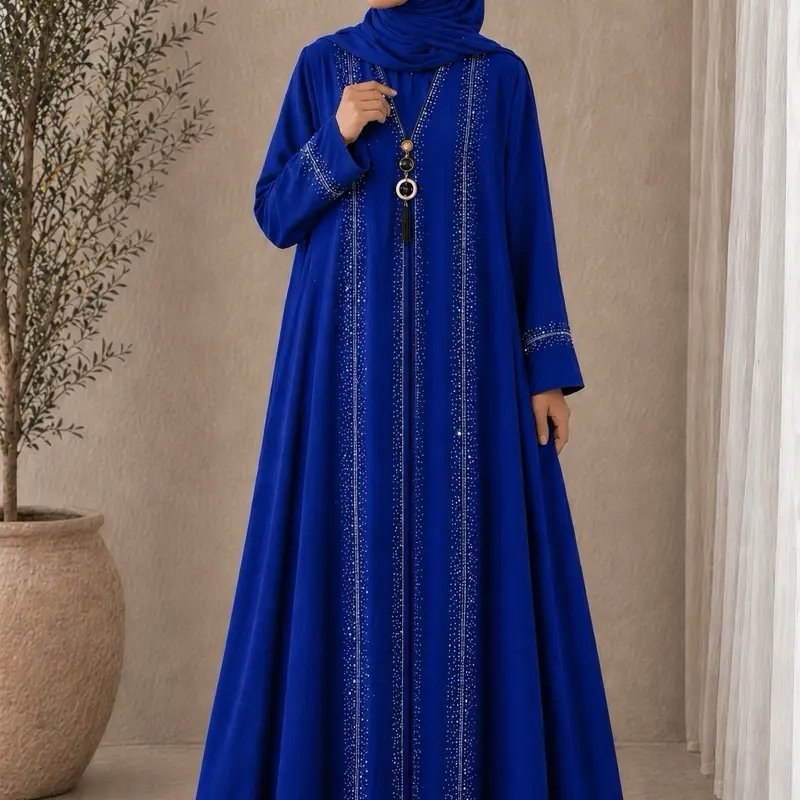 Ayeshas Collection Women's Islamic Double Front Abaya - Rhinestone Embellished, Embroidery, Casual, Designer Modest Abaya, Muslimah Fashion, Elegant Traditional Wear with Chiffon Scarf for Formal Events, Versatile Styling, Hand Wash Only