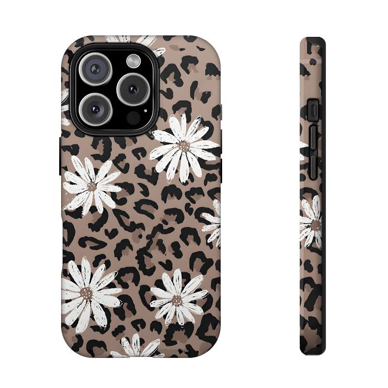 Leopard print daisy pattern, durable and shock-absorbing glossy 2-in-1 phone case, suitable for iPhone 17 16 15 14 13 12 11 X, Samsung and other series models, can be given as a holiday gift to friends or home