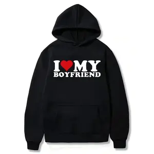 [100% Cotton] I Love My Boyfriend Heart Print Casual T-Shirt For Couples,Hoodie and Sweatshirt for autumn and winter