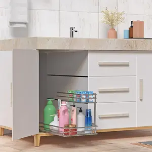 2-Tier Pull Out Cabinet Organizer, Under Sink Sliding Storage Basket, Multi-Purpose Kitchen Bathroom Countertop Shelf, 12"W x 17"D x 12"H