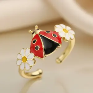 Gold Ladybug Ring, Enamel Flower Ring, Nature Inspired Jewelry, Adjustable Ring for Women, Gift for Her