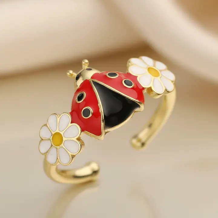 Gold Ladybug Ring, Enamel Flower Ring, Nature Inspired Jewelry, Adjustable Ring for Women, Gift for Her