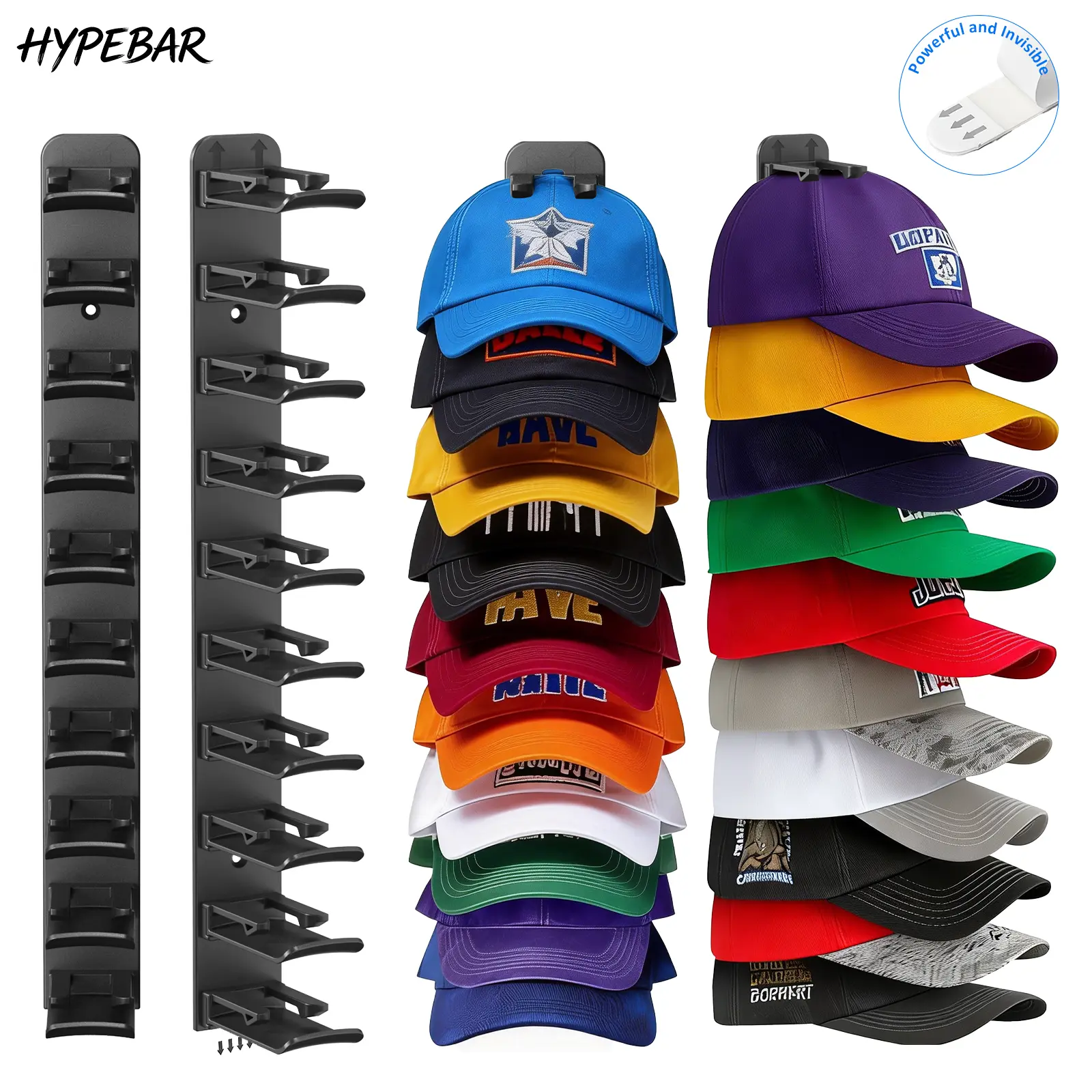 HYPEBAR Black 2-Pack Wall Mount Hat Hanger - Self Adhesive Rustproof Sturdy Hooks, No-Drill No-Damage Wall Holders, Holds Up to 20 Baseball Caps, Includes Strong Tape & 8 Reinforcement Screws, Multi-Purpose Decor Shelf for Closet Door