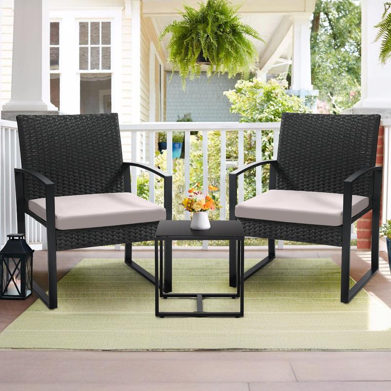 GOOD DEALS SMILE 3 Piece Wicker Patio Furniture Set, Outdoor RockingChairs, Outdoor Furniture with Table & Cushions, Patio Chairsfor Balcony Porch, Black