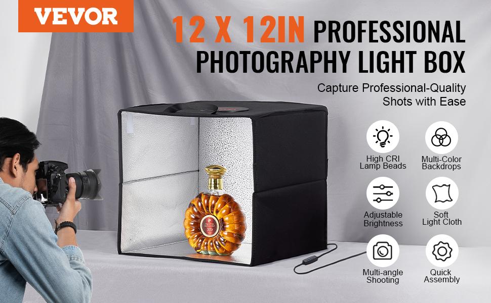 VEVOR Photo Studio Light Box,  12" x 12", 3000-5600K Adjustable 3 Color Temperatures Professional Shooting Tent Kit with 120 LED 6 Double-Sided Color Backdrops, High CRI ≥ 95 for Small Size Products Accessories Colorful