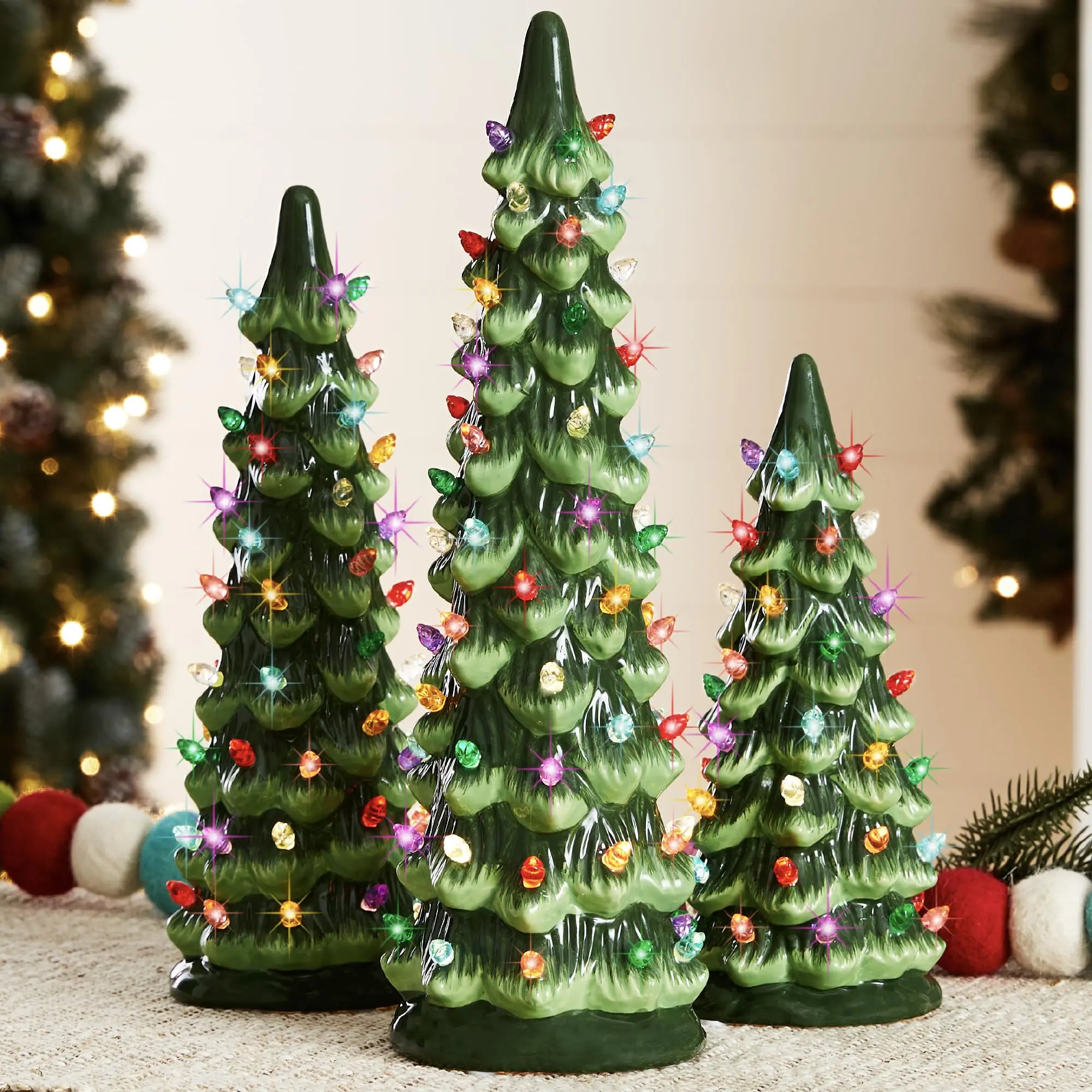 3 Pack Pre-Lit Hand-Painted Ceramic Christmas Tabletop Trees Set with Multicolored Bulbs, LED Lights, Multi-Size Home Holiday Decorations