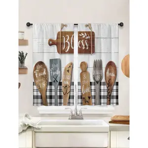 2pcs Vintage Fork Spoon Printed Kitchen Window Curtain,Without Holes Curtain,Short Curtains,Refer To Bedroom Office Kitchen Living Room Study Home Decor