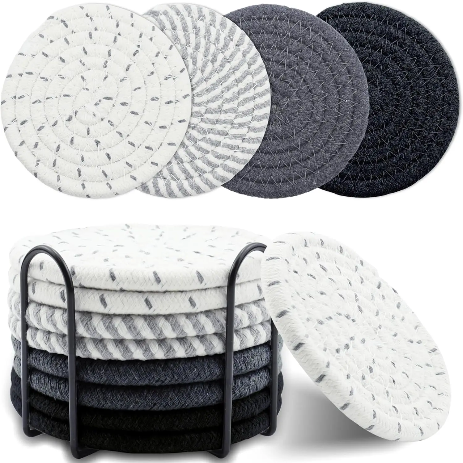 8 Pcs Cotton Woven Drink Coaster Set with Holder, Minimalist 4.3-Inch Absorbent Tableware, Ideal for Coffee Tables and Home Decor Tabletop Cup Protection