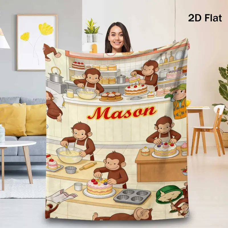 Personalized Monkey & Baker Mason Themed Flannel Blanket - Custom Name/Text, Animal Artwork Design for Sofa Bedding/Camping, Machine Washable 2D Flat Bed Cover, Personalized Blankets, Animal Artwork Blankets