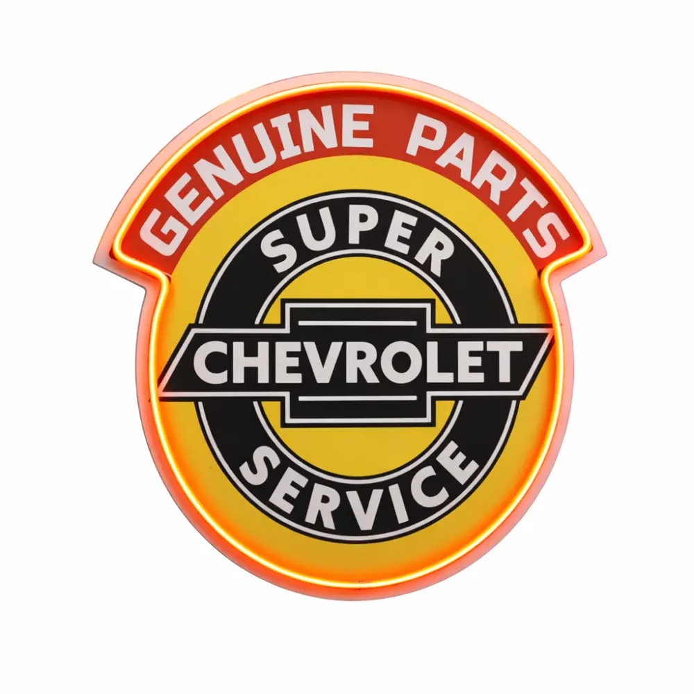 Chevrolet Genuine Parts Round Traditional Lightweight LED Plaque Sign - Vintage Garage Neon-Style Home Wall Decor, Red-Orange LED Accent, 16in, Mountable Hanging Design