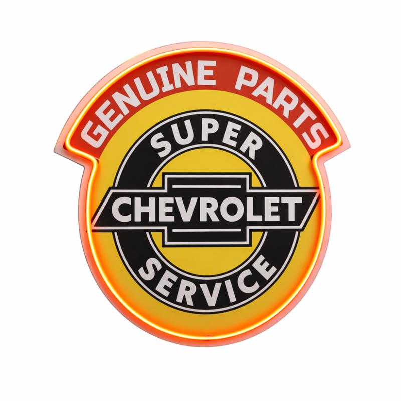 Chevrolet Genuine Parts Super Service LED Plaque Sign – Vintage Garage Neon Style Wall Decor, Red-Orange LED Accent, 16"