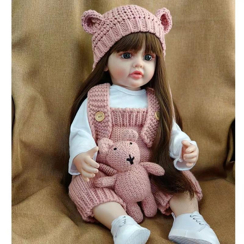 22" Realistic Princess Doll with Long Brown Hair & Pink Bodysuit - Silicone Baby Doll with Teddy Bear Stuffed Animal & Accessories - Sitting & Standing - Perfect Christmas Gift or Birthday Present for Collectors