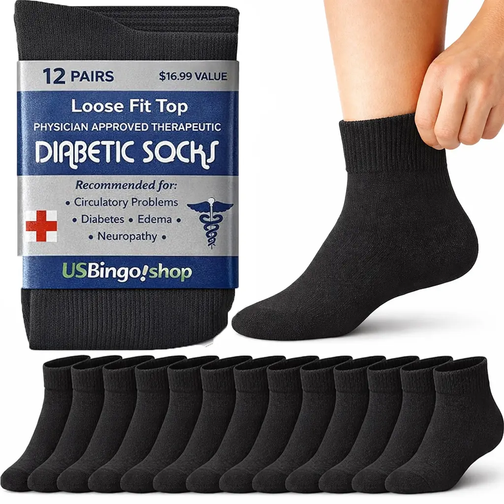 USBingoshop 3-12 Pairs Diabetic Socks, Non-Binding Circulatory Cushion Cotton Crew Diabetic Socks for Men Women Menswear Cotton sock White Black Gray