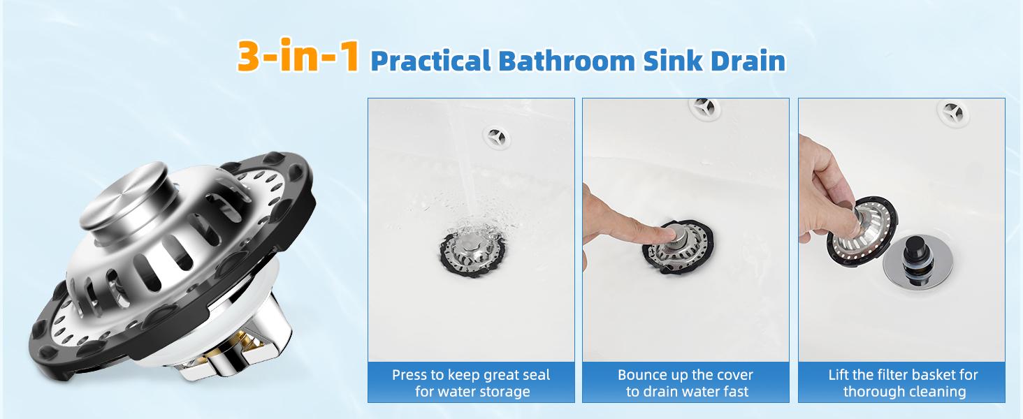 Upgraded Bathroom Sink Drain Stopper with Visible Top Stainless Steel Filter Basket Hair Catcher, 3 in 1 Pop-up Sink Strainer Fit for Standard 1.1''~2.36'' Basin Hole, Not for Bathtub, Chrome