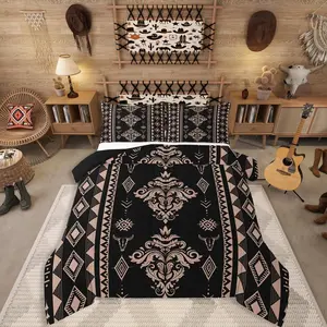 Boho Aztec Black Bedding Set for Adults,Western Damask Comforter Set,Vintage Victorian Baroque Quilt for Teens Men Bedroom Decor