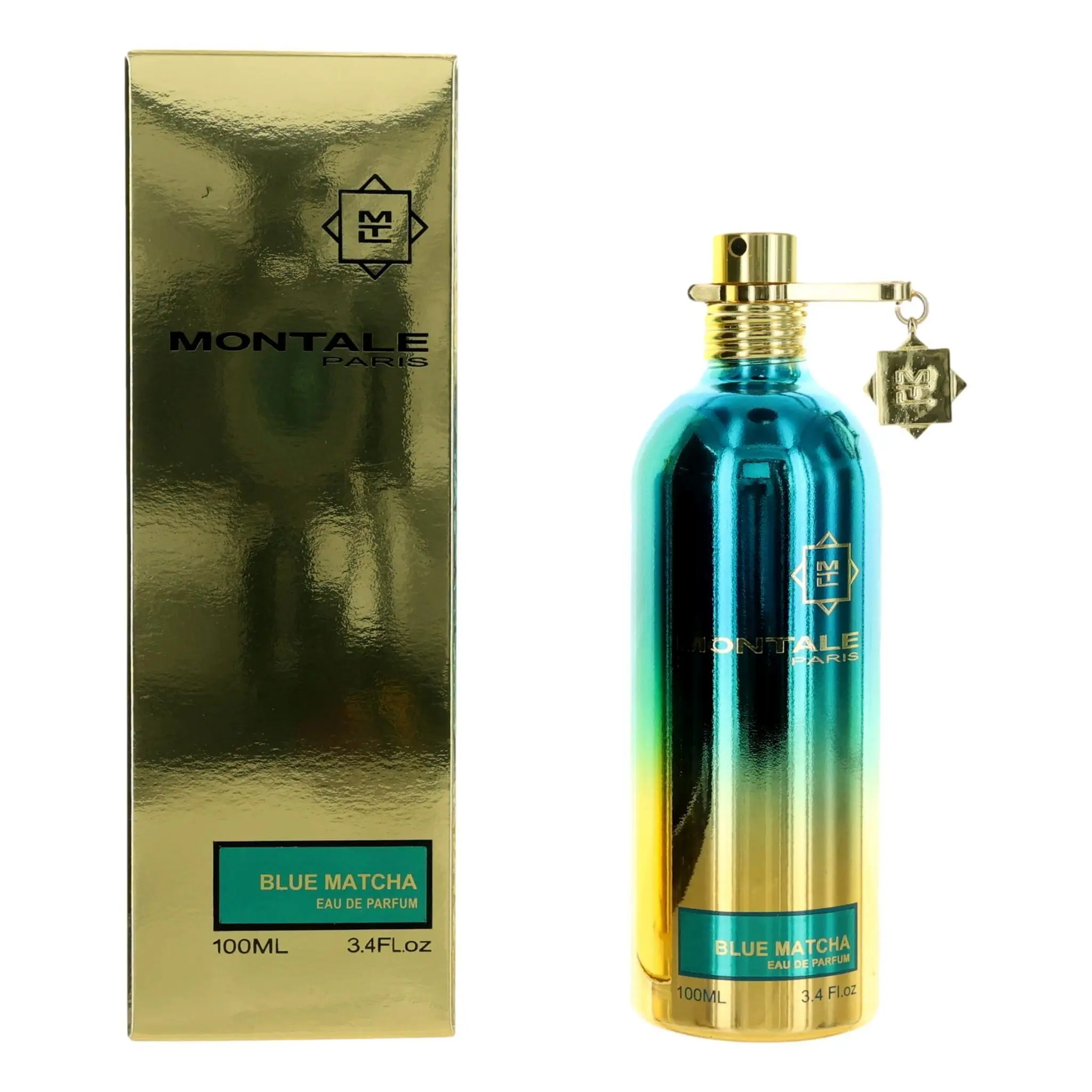 Montale Blue Matcha Eau de Parfum, Luxurious Unisex Fragrance Spray with Gold Cap and Decorative Charm, 100ml / 3.4 fl.oz, Box, Gold Cap With Decorative Charm