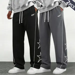 Men’s drawstring elastic-waist loose athletic pants with letter print; retro American street style wide-leg cargo pants with a fashionable casual vibe, featuring a drawstring and pockets; comfortable for all seasons—an excellent gift for husband or boyfri