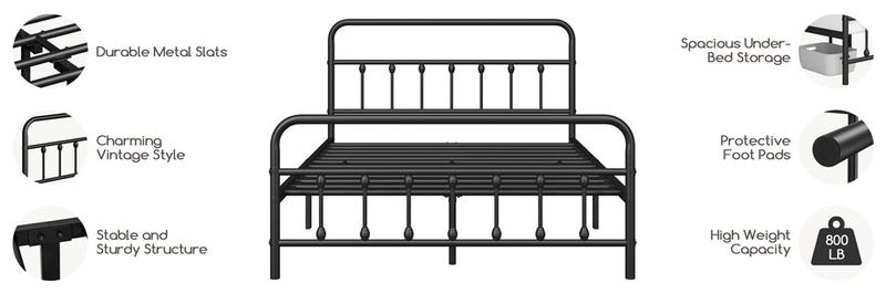 【Heavy Duty】Yaheetech Metal Bed Frame with High Headboard and Footboard, Twin/Full/Queen/King Sizes, Vintage Industrial Style, Under Bed Storage