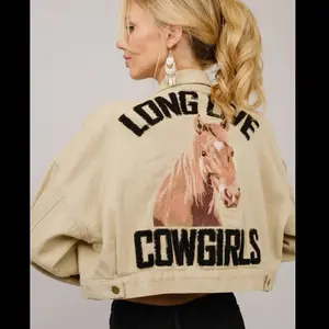 Long Live Cowgirls Jean Jacket with Horse Embroidery and Bold Lettering for Stylish Outfits