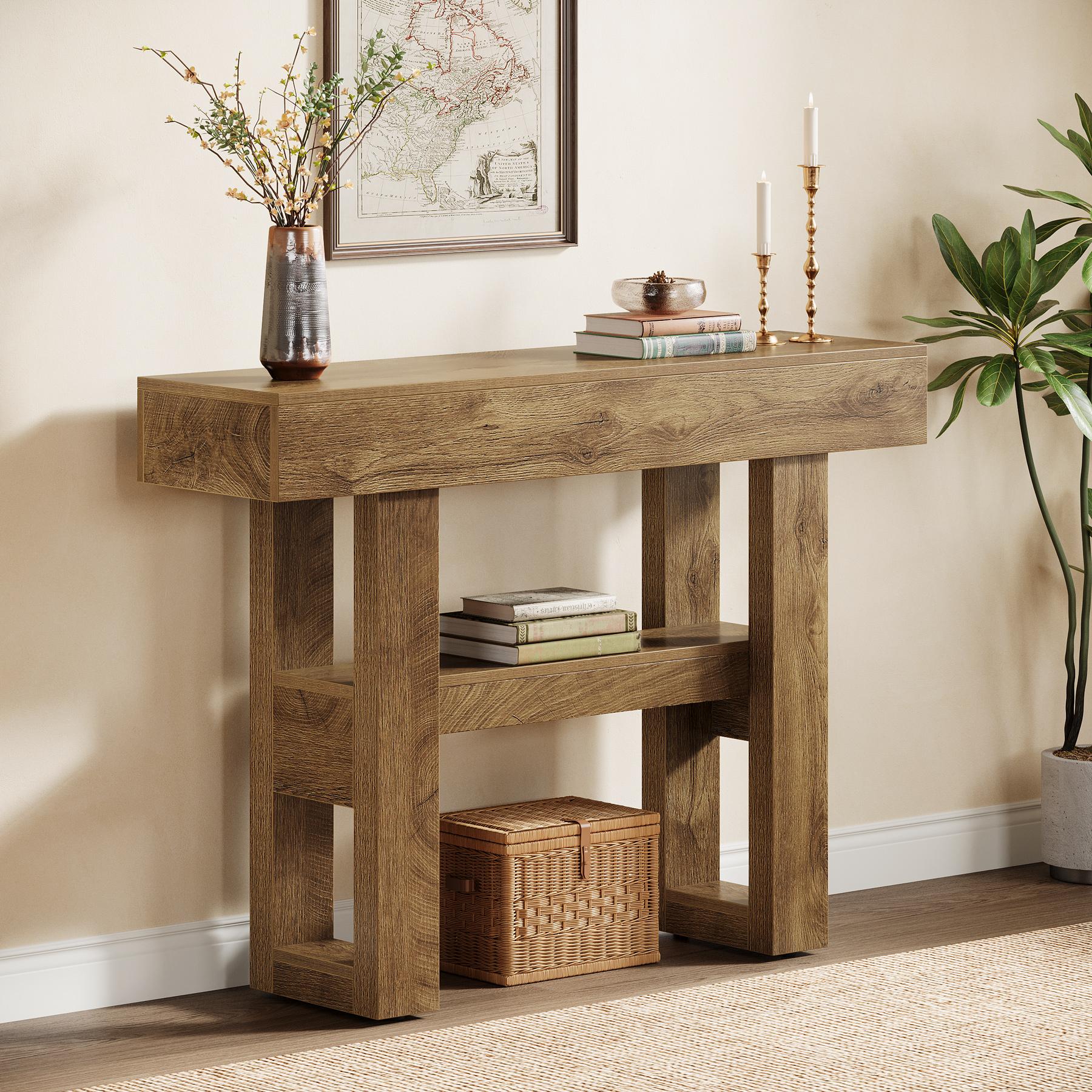 LITTLE TREE 41.34-Inch Farmhouse Console Table, 2-Tier Narrow Sofa Table Behind The Couch, Entryway Furniture with Storage Shelves for Hallway Foyer Living Room