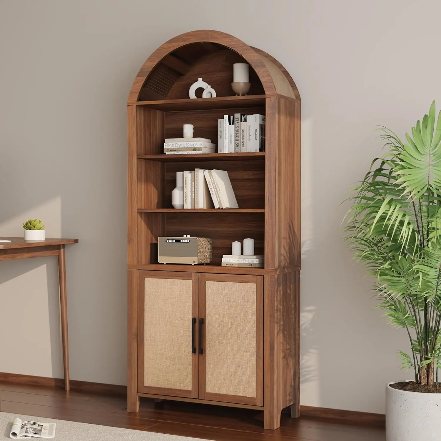 FurSch 71" Tall Arched Bookcase with Storage, Modern 6-Tier Arched Cabinet with Door, Arched Bookshelf Cabinet with Open Display Storage Shelf for Living Room Study Office kitchen storage cabinet