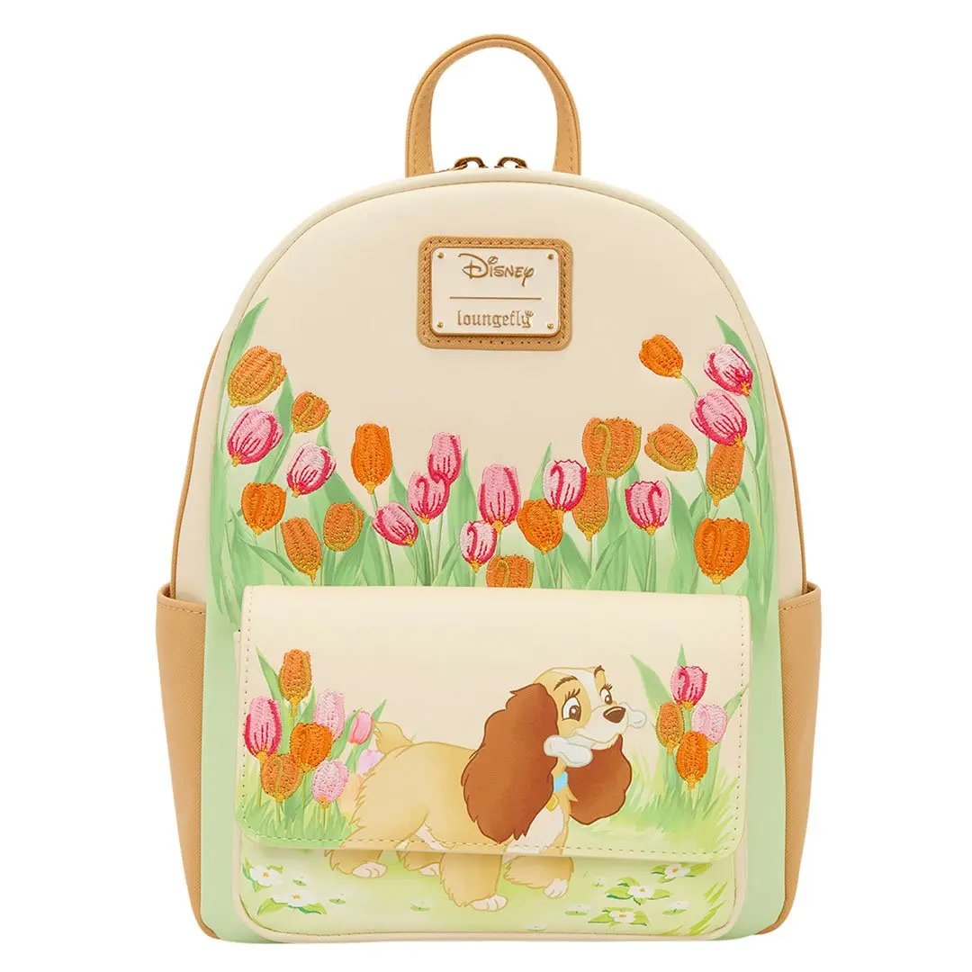Loungefly Disney Lady and the Tramp Pastel Tulip Faux Leather Mini Backpack - Embroidered Springtime Functional Daypack, Accessories for Women