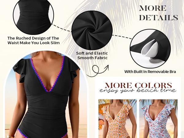 B2LOVER Women's One Piece Ruffle Swimsuit Tummy Control Bathing Suit V Neck Shell Stitched Swim Suit Slimming Swimwear