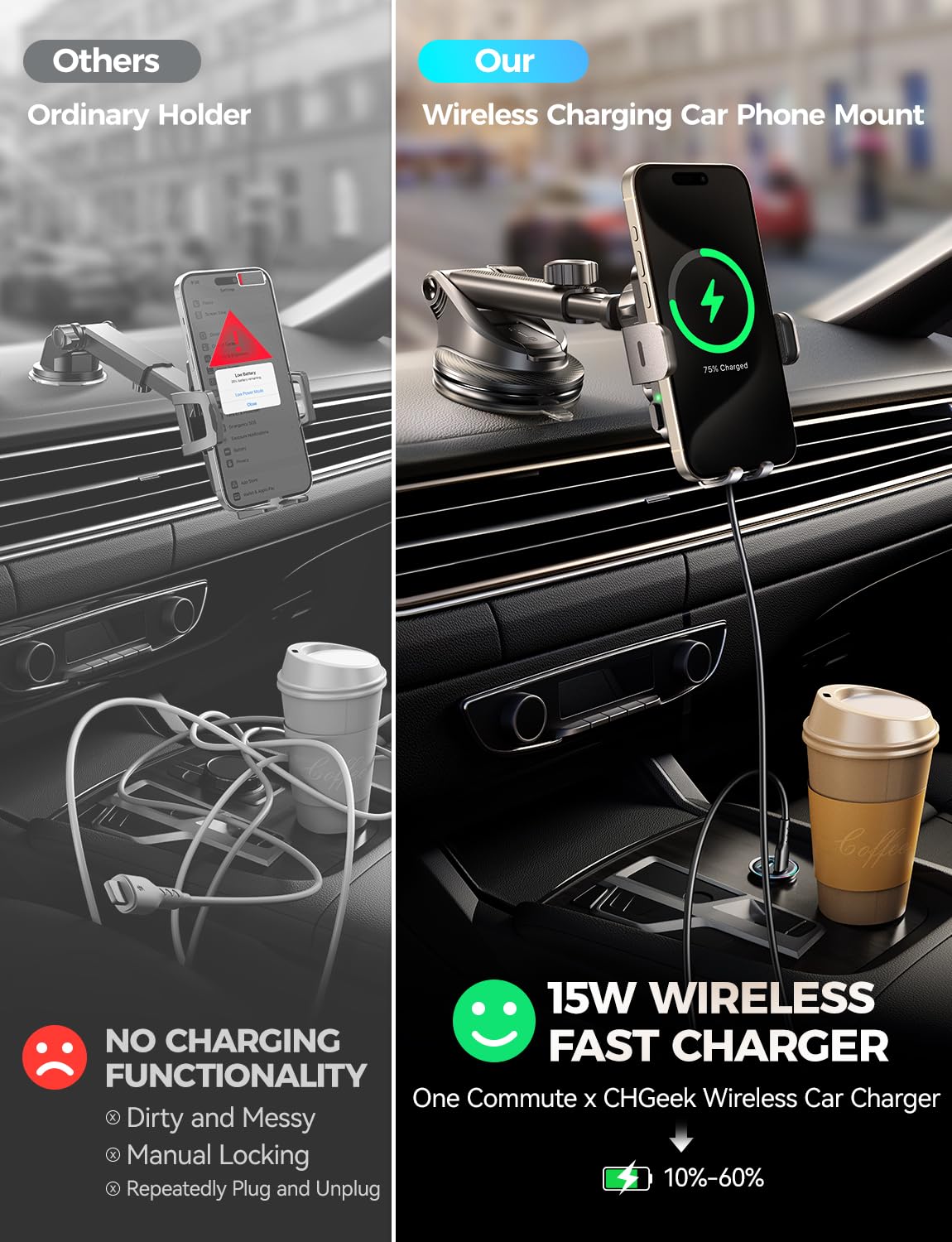 CHGeek Wireless Car Charger with Phone Holder Mount, 15W Fast Charging Auto Clamping Phone Holders for You Car Windshield Dashboard Air Vent Accessories for iPhone 16/15/14/13/12/11/Pro Max/XS Max/XS, Samsung Galaxy, Google, etc