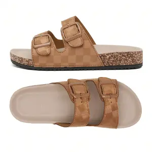 Women's Checkered Pattern Flatform Slide Sandals Double Buckle Decor With Comfortable Suede Nature Cork Footbed Color Block Slipper