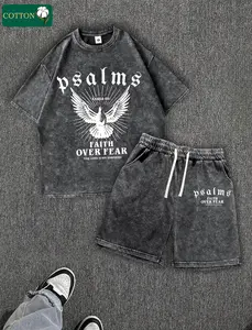 Men’s washed vintage cotton summer streetwear set featuring retro rock music letter print; casual commuter two-piece with a crewneck short-sleeve T-shirt and shorts. Vintage 2000s style—ideal for running, golf, fishing, basketball, camping, gym, swimming,
