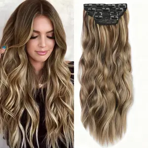 Clip in Synthetic Hair Extensions Long Wavy 4PCS Thick Hairpieces Blonde Highlighted Medium Brown Fiber Double Weft Natural Hair Extensions 20 Inch for Women
