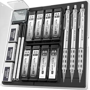 Nicpro 3Pack Blocky Gear 0.7 mm Metal Mechanical Pencils Set with Case, Lead Drafting Pencil with 8 Tube (480Pack) Lead Refills(HB 2B), 4 Erasers, 18 Eraser Refills for Art Writing, Sketching Drawing