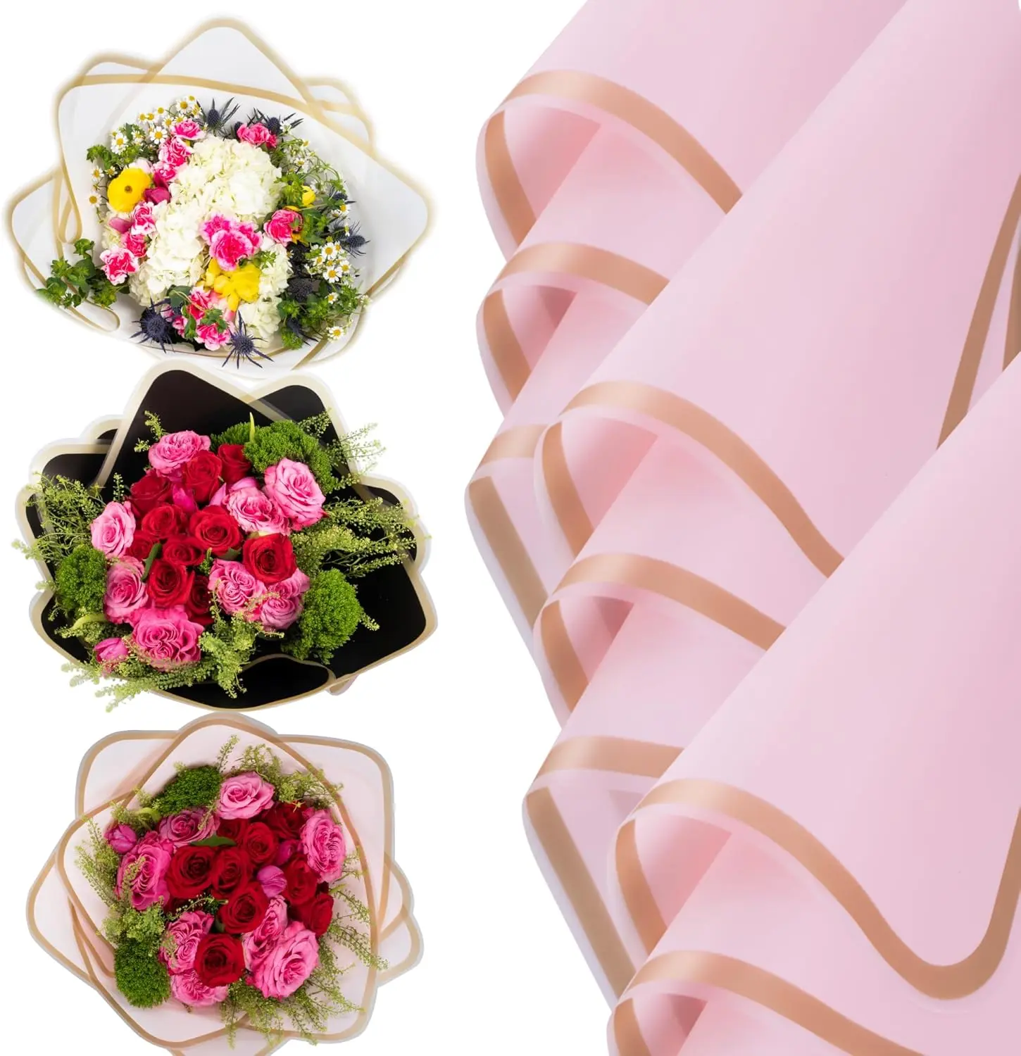20 Sheets Premium Flower Wrapping Paper | Waterproof Flower Wrapping Paper for Bouquets | Double Sided Floral Bouquet Sheets | DIY Gifts Rocio Pink/Gold