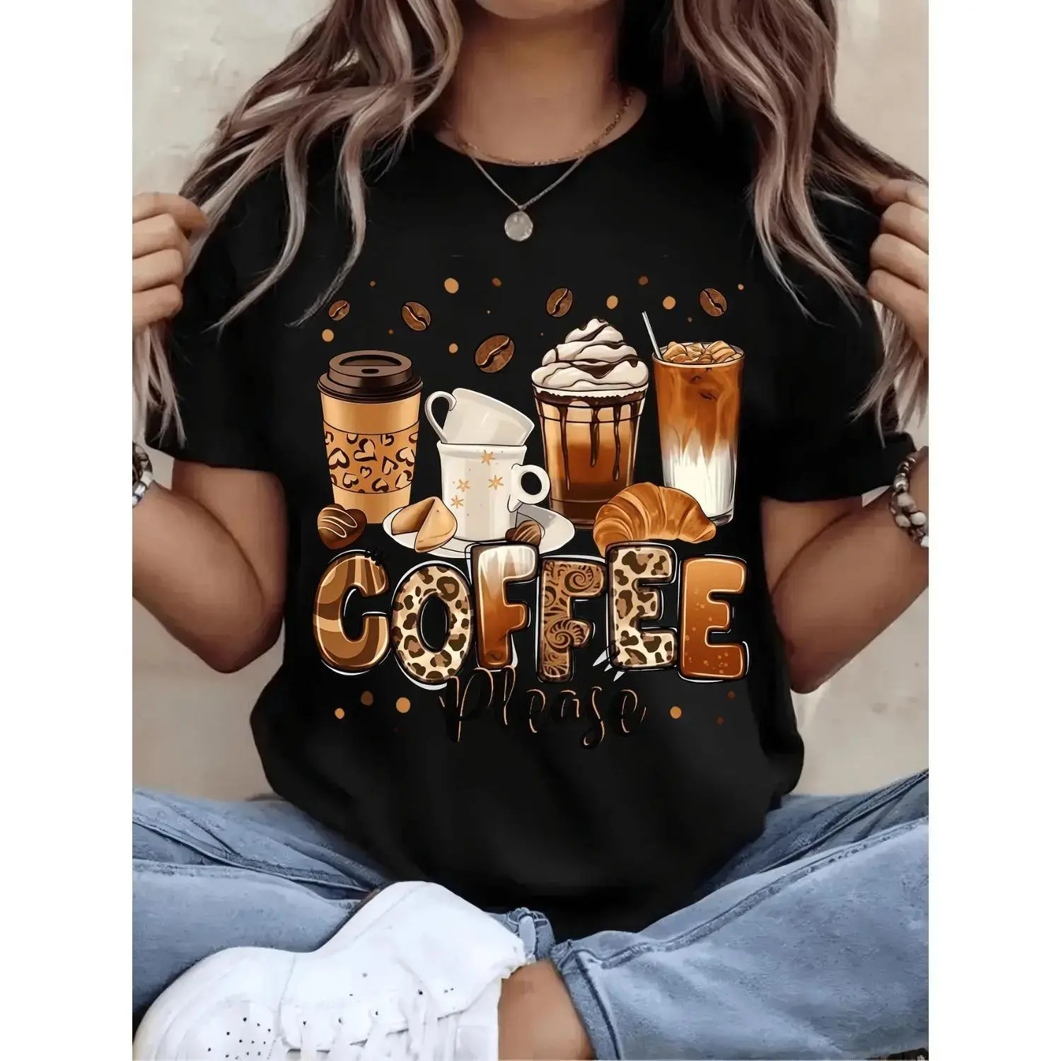 Men's Casual Oversized Coffee Lover Graphic T-Shirt - Sports Top, Streetwear Style, Coffee Cup & Bean Print, Breathable Fabric, All-Season Wear