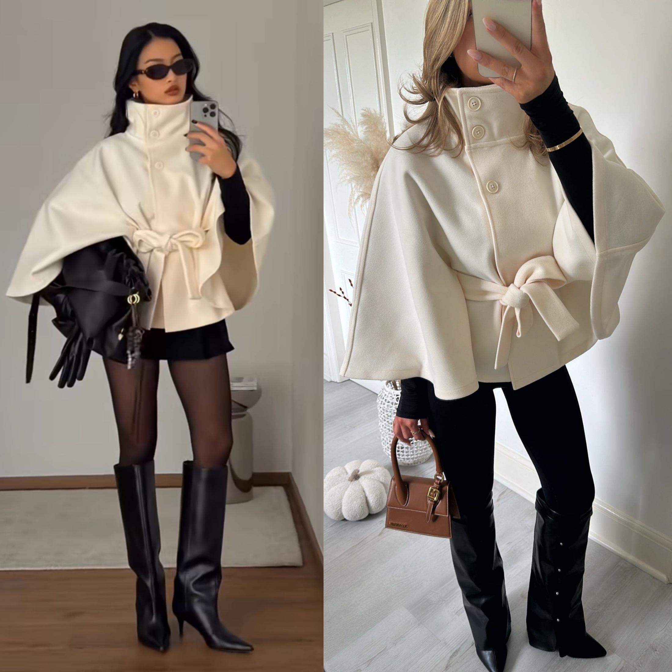 YeeZaa Poncho Pea Coat for Women Wool Blend Oversized Belted 2026 Fashion Fall Winter Elegant Stand Collar Cropped Cape Jacket Batwing Sleeve Trendy Casual  Outerwear Overcoat