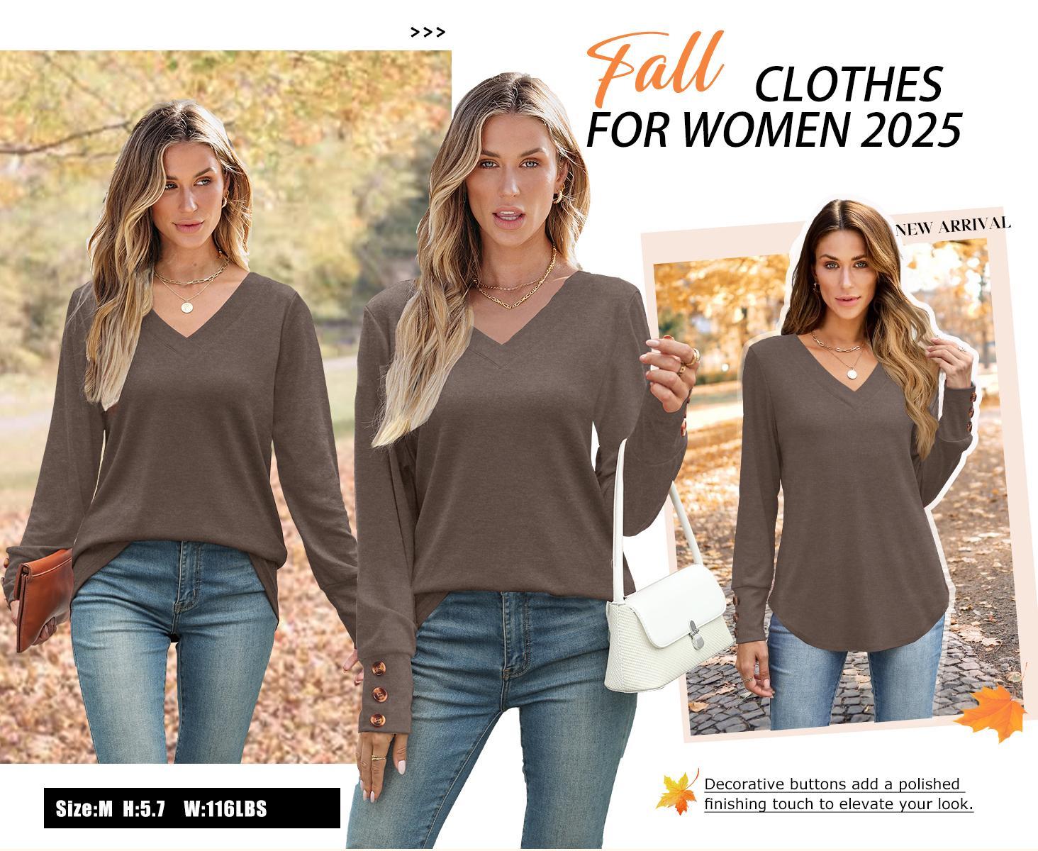 WIHOLL Long Sleeve Shirt for Women Fall Outfits 2025 Dressy Casual Fashion Clothing V Neck Tunic Tops with Button Womenswear Blouse SpringStatements