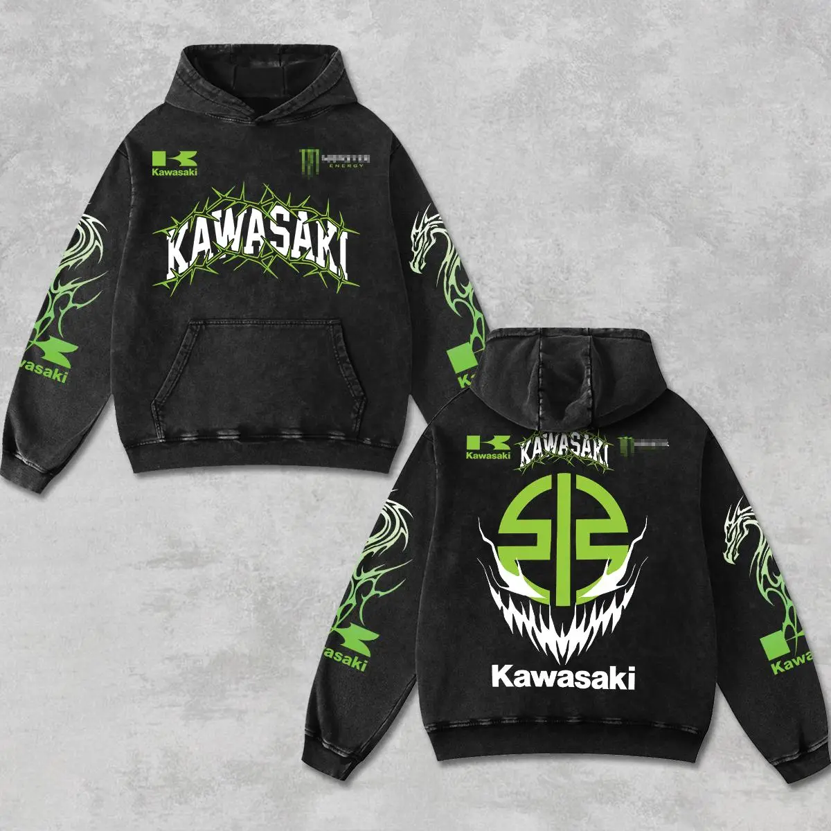 Retro Kawasaki Dragon Racing Washed Hoodie Vintage Motorcycle Graphic Hooded Sweatshirt for Biker Fans Off Road Dirt Bike Streetwear Heavyweight Unisex Pullover Grunge Y2K Moto Racing Apparel Gift for Men Women USA Style Hoodie