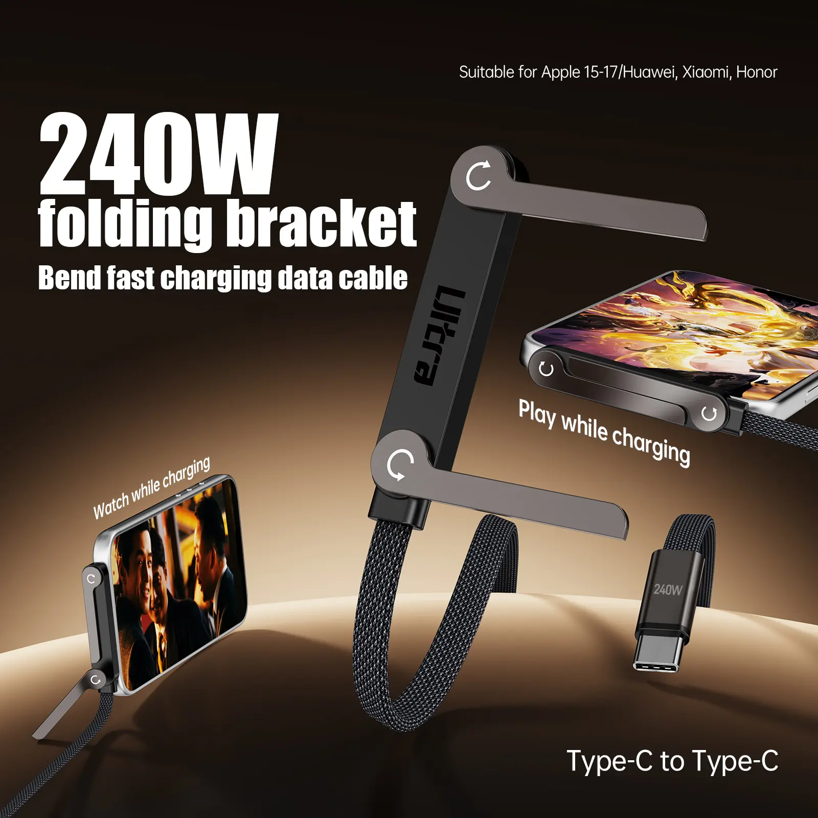 240W Braided Fast Charge Cable with Built-in Phone Stand, 2026 New Foldable Durable USB-C Cord 90 Degree USB C Cable Right Angle Multi-Functional Charger Cord, Type-C to Type-C (1-PCS)