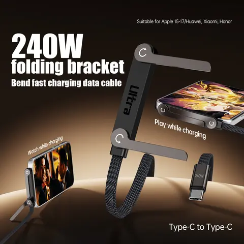 240W Speed Braided USB Type-C Fast Charge Cable - 2026 New Foldable Durable Side-Mounted 90-Degree Cord with Built-in Phone Stand (1 PCS)