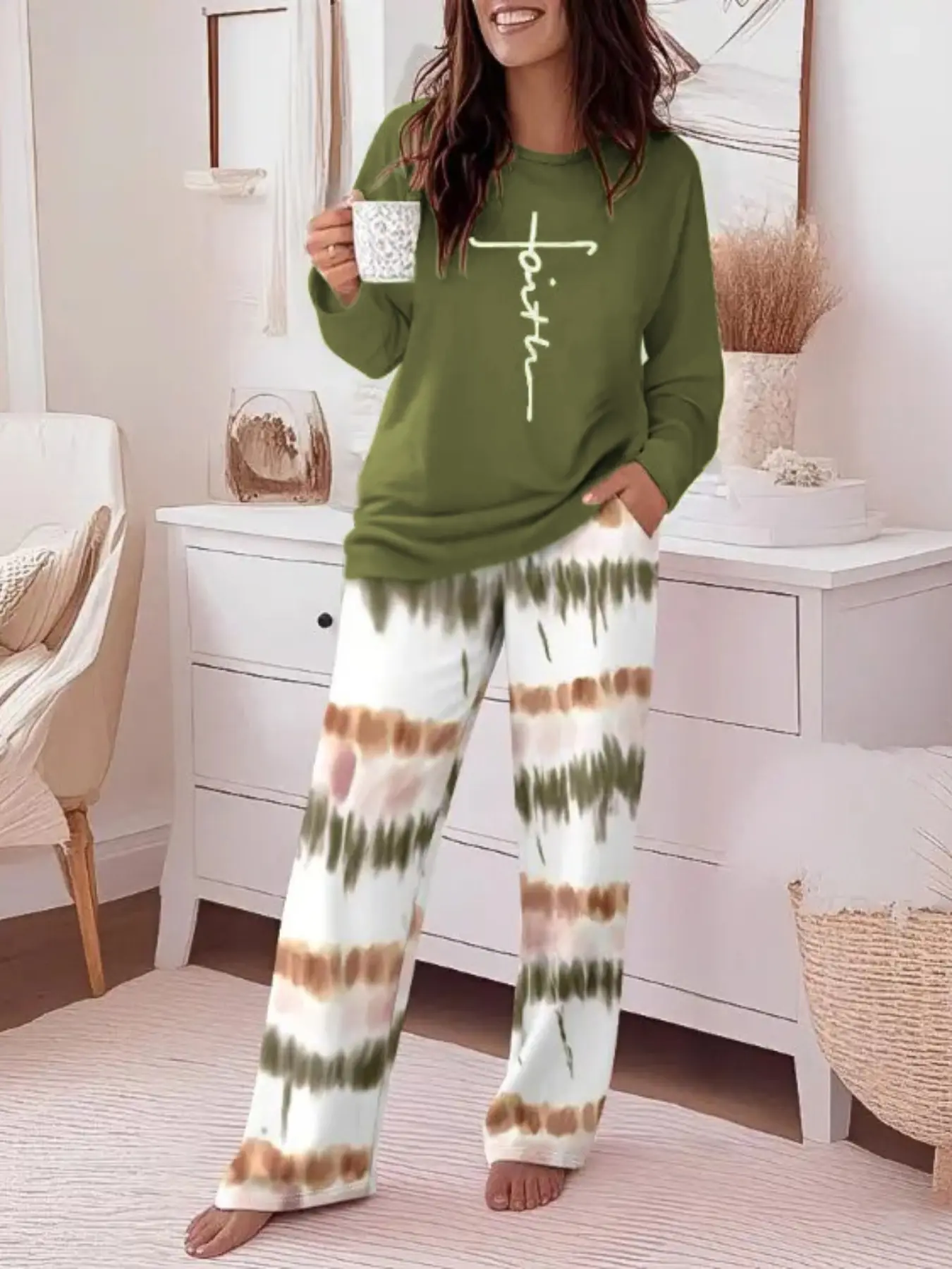 Women's Casual Printed Round Neck Long Sleeve Top & Gradient Print Pants Set, Soft Comfortable Home Wear Loungewear Pjs Pajama Nightwear, All Seasons Fitted Womenswear, matching pajamas set