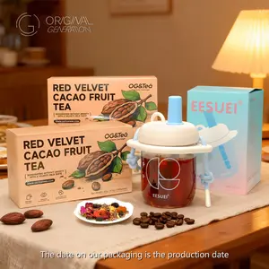 BOGO Red Velvet Cacao Fruit Tea 2 Cartons（85g 8.5×10packs）×2 With Free Glasss Bottle With Cacao Fruit Coffee Granules Longan Rose Diced Apple Hawthorn Mulberry Beetroot Ginger Strips