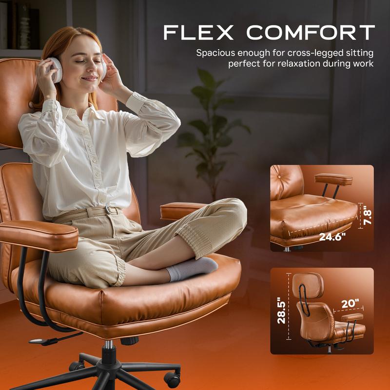 【Jumpstart Sale】Ovios Oversized Home Office Chair, Extra-Wide Seat, Built for Big & Tall Comfort, Mid-Century Modern Faux Leather Chairs with Thickened Cushions, Comfy High Back Swivel Rolling Executive Computer Armchair