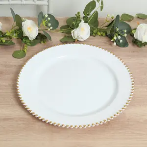 10-Pack Economy Plastic Charger Plates 13" Round White with Gold Beaded Rim - Stylish Dinner Party Serving Plates