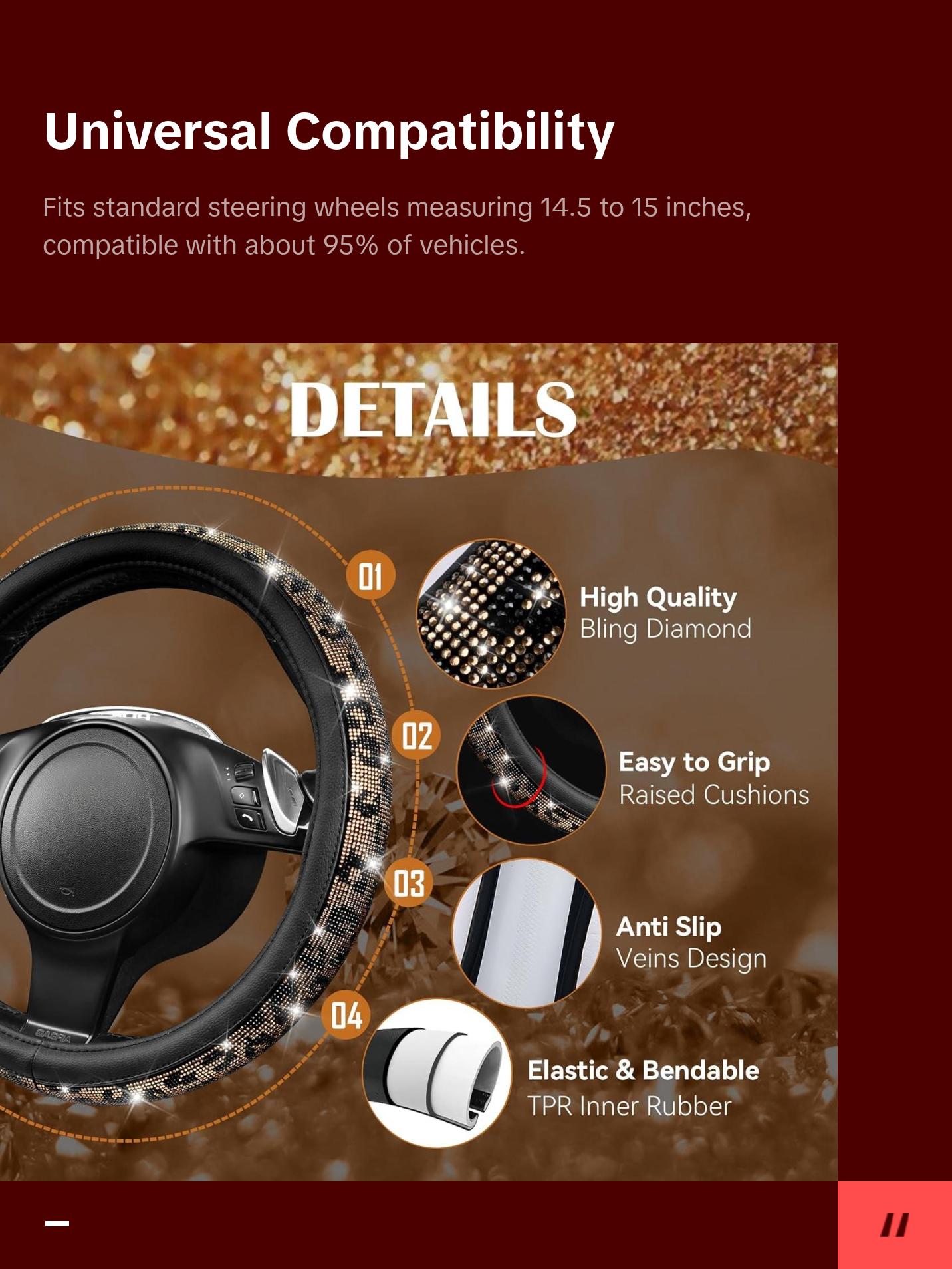 Glamorous Leopard Diamond Steering Wheel Cover - Sparkling Rhinestones & Luxurious Black Leather for Cars, SUVs, and Trucks (Fits 14.5"-15")