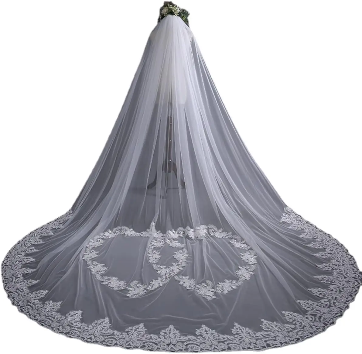 CDLV Bridal Cathedral Veil - Flower Lace Design with Metal Comb, 118 in (White), Wedding, Bridal Veil, Sequins, Wedding Veils For Brides, Outdoor