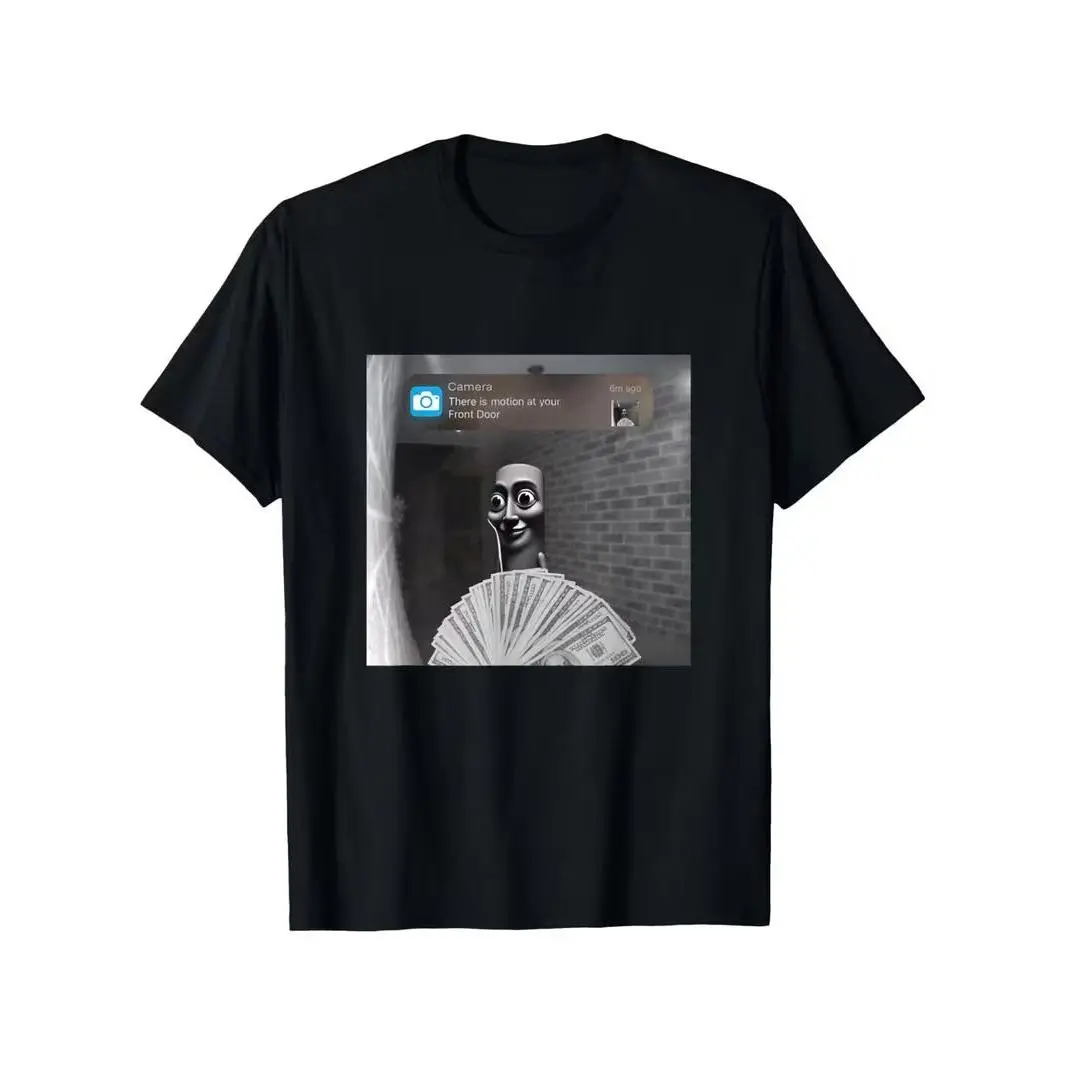T-shirt Funny Tung Tung Tung Sahur Motion at Your Front Door Meme Graphic T-Shirt - Black Casual Loose Fit Round Neck Tee with Humorous Money & Brick Wall Design for Festive Roleplay & Casual Attire,