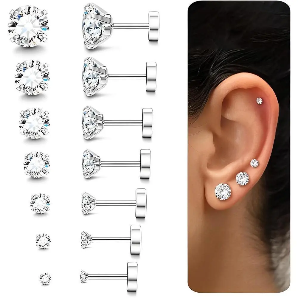 Fansilver 7-Pair Round Flat Back Stud Earrings Set - Hypoallergenic Stainless Steel, Lab Created Cubic Zirconia, 2-8mm, Unisex Fit, Earring Stacks, Sensitive Ears, Fashion Jewelry Summer Gifts, Flat Back Earrings