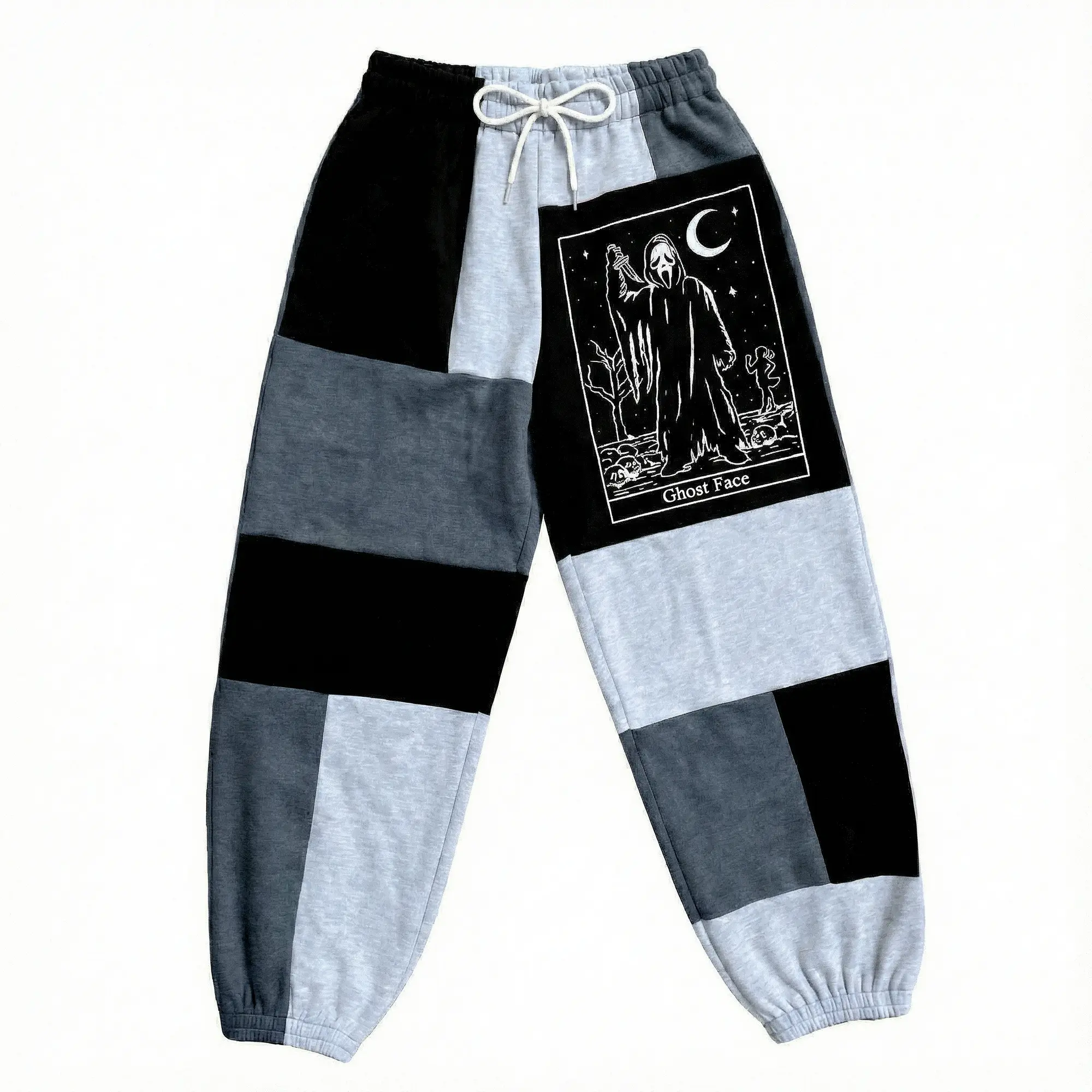 Ghost Face Dark Aesthetic Halloween Sweatpants, Patchwork Jogger Pants, Spooky Streetwear Pants, Fall Winter Pants, For Men & Women, Gift For Horror Fans