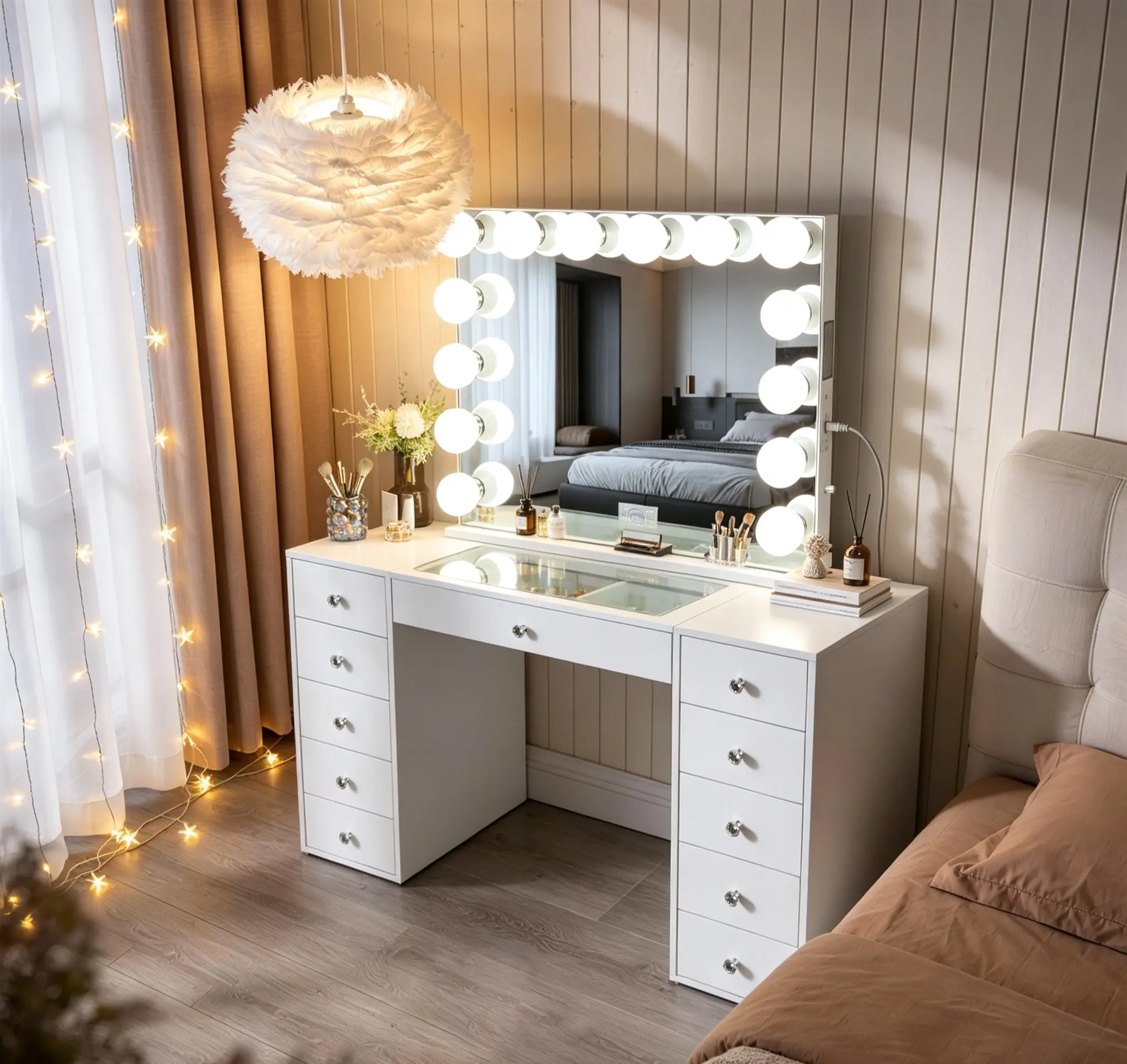 VANITII Large Minimalist Contemporary Makeup Vanity Desk with 32×26in Adjustable LED Hollywood Mirror, 11-Drawers for Organization, Assembly Required Modern Women's Bedroom Dressing Table